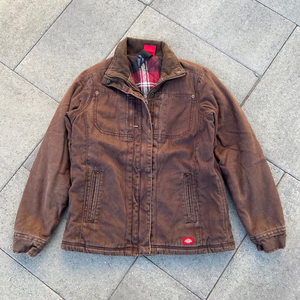 Dickies Kids Brown Canvas Work Jacket Plaid Lined M 8/10 Duck Coat